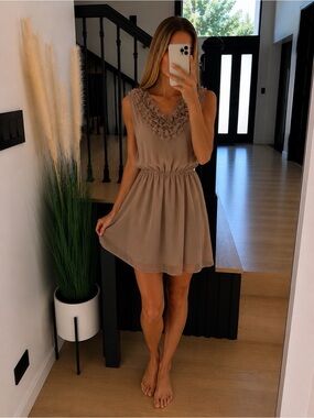 Forever 21 Ruffled Neck Mini Dress in Tan